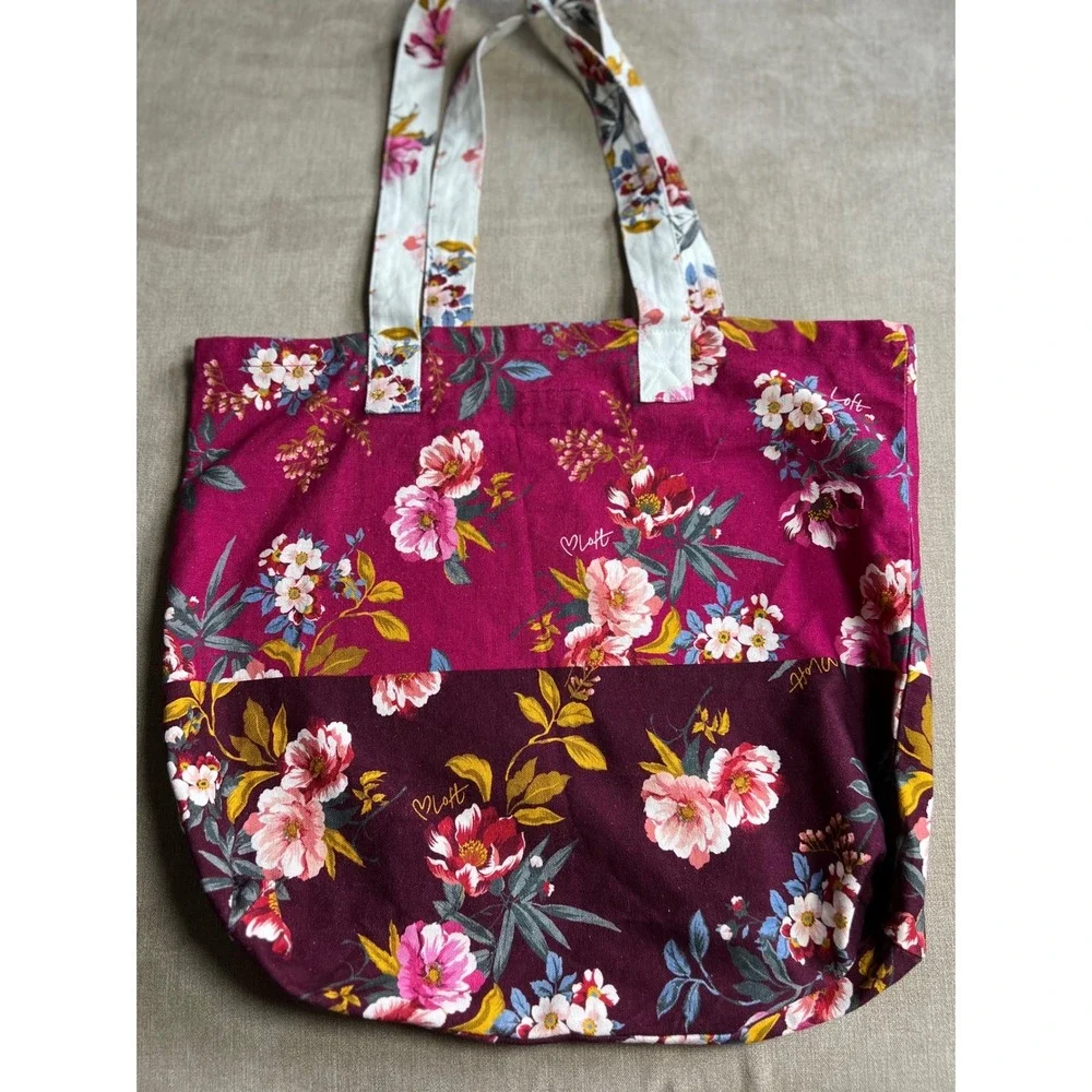 Loft Floral Canvas Tote Bag Magenta Burgundy Flower Print Shopper Handbag